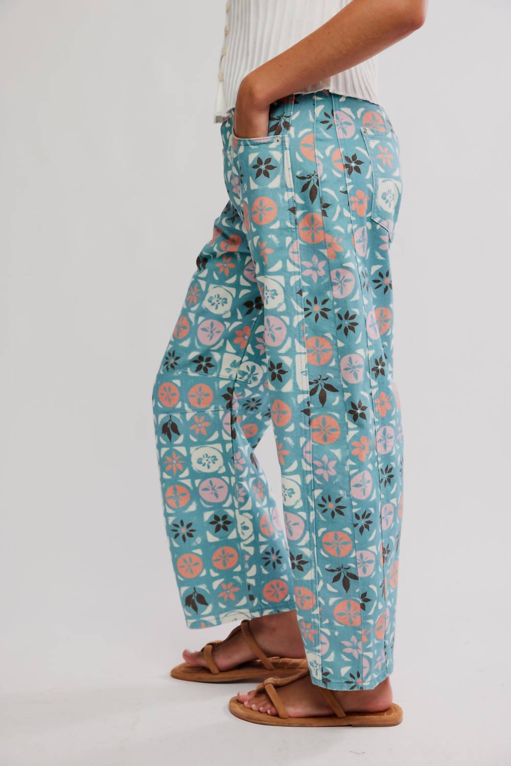 Free People Ditzy Jade Fun Barrel Jeans in blue multi - women's jeans - detail view