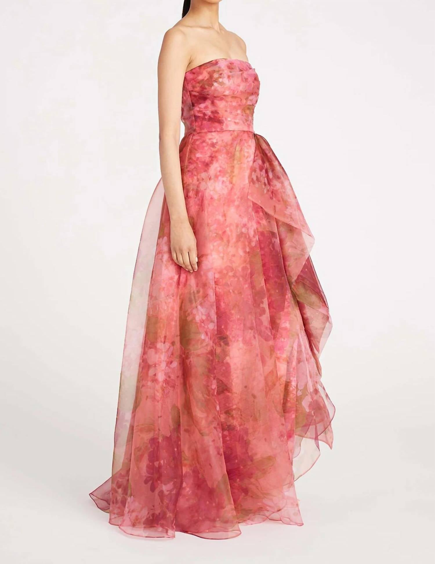 THEIA Fahreta Strapless Gown in printed wisteria - women's dress - detail view