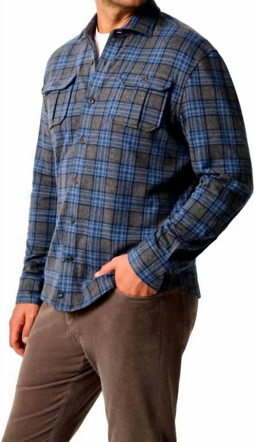 JOHNNIE-O Waites Stretch Flannel Lodge Shirt in charcoal - men's shirt - detail view
