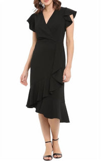 London Times - Ruffle Sleeve V-Neck Dress with Asymmetrical Hem