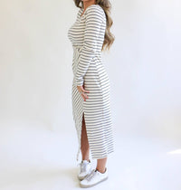 Gilli - Long Sleeve Waist Twist Side Slit Stripe Maxi