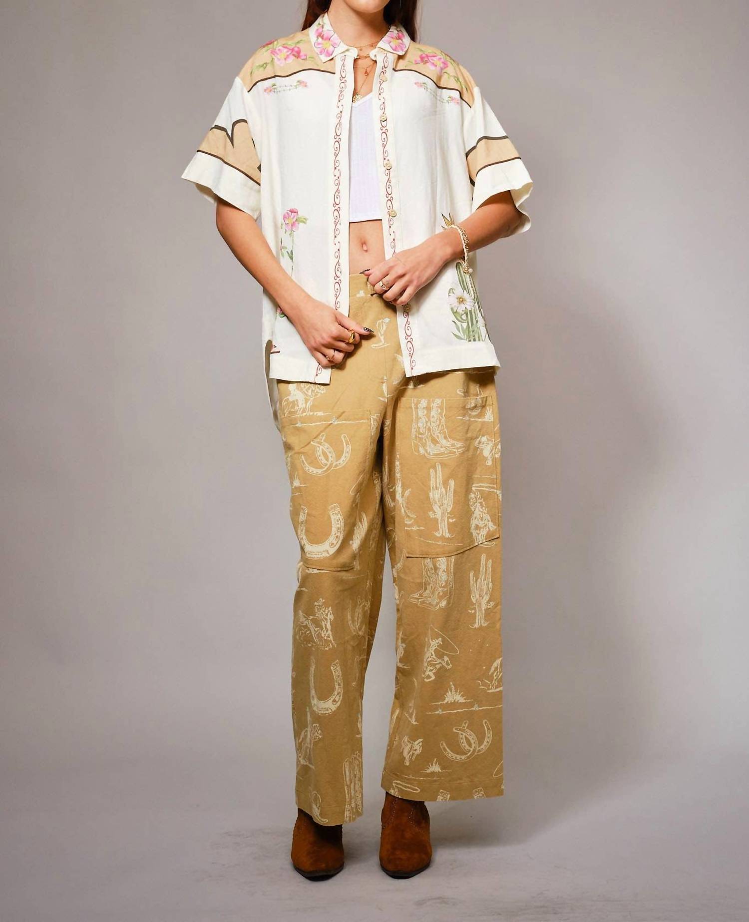 Blue B Embroidered Sequin Floral Linen Blouse in taupe multi - women's blouse - view 4