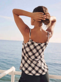 Bella Dahl Frayed Cami in black white - women's tank top - detail view