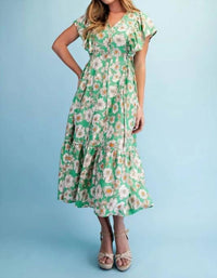Gigio - Vibrant Floral Print V-neck Midi Dress