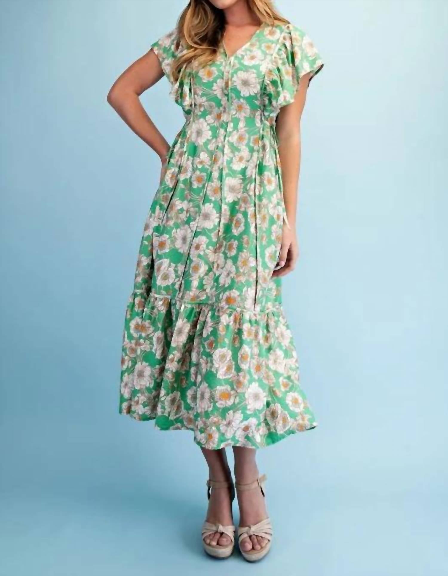 Gigio - Vibrant Floral Print V-neck Midi Dress