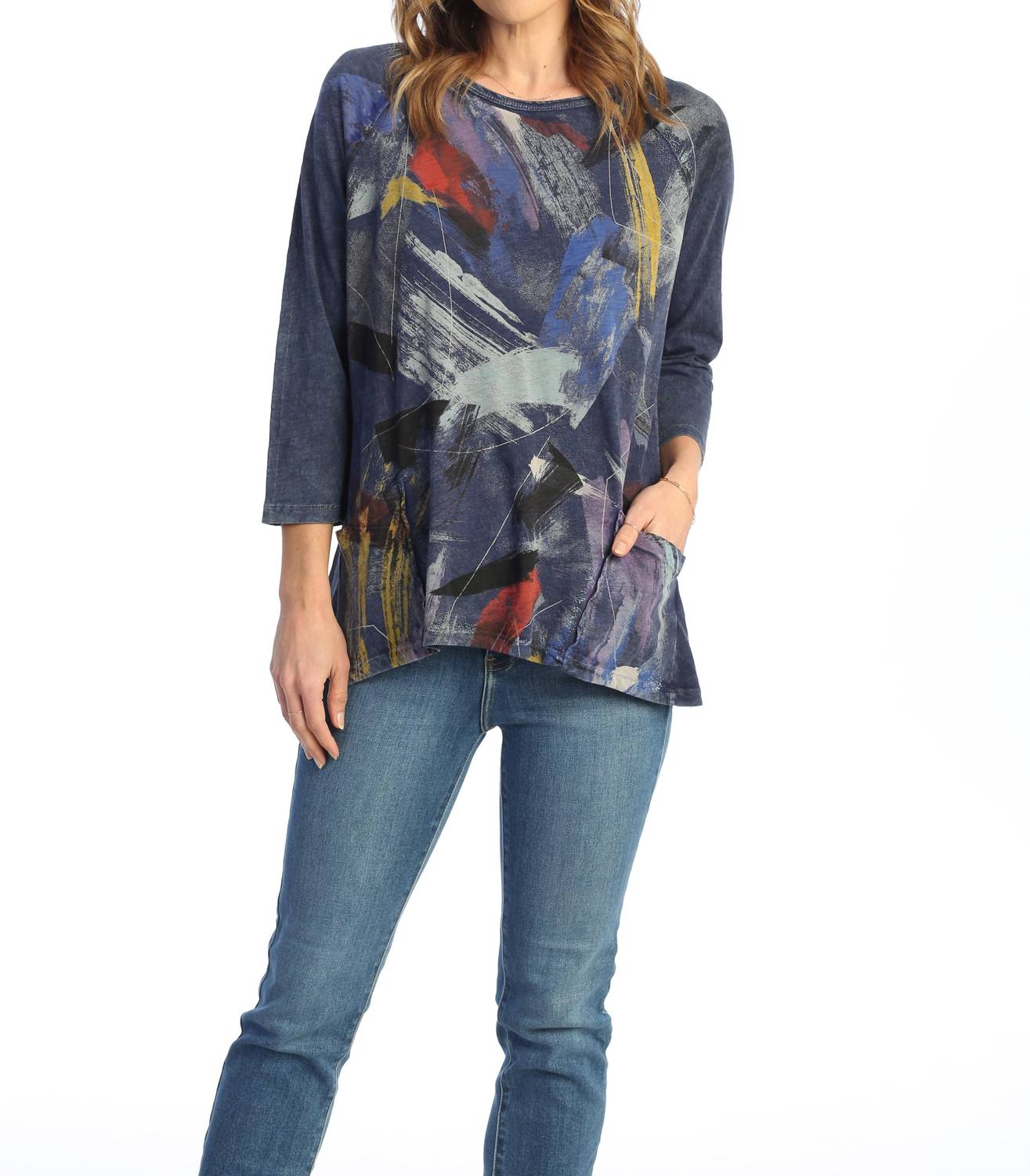 Jess & Jane Vista Mineral Washed Patch Pocket Cotton Top in denim blue - women's long sleeve top