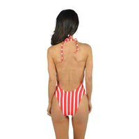 Milly - Stripe Laced Front Halter One Piece Swimsuit