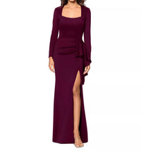 Xscape Square-neck Draped Long-sleeve Gown in deep purple - women's dress