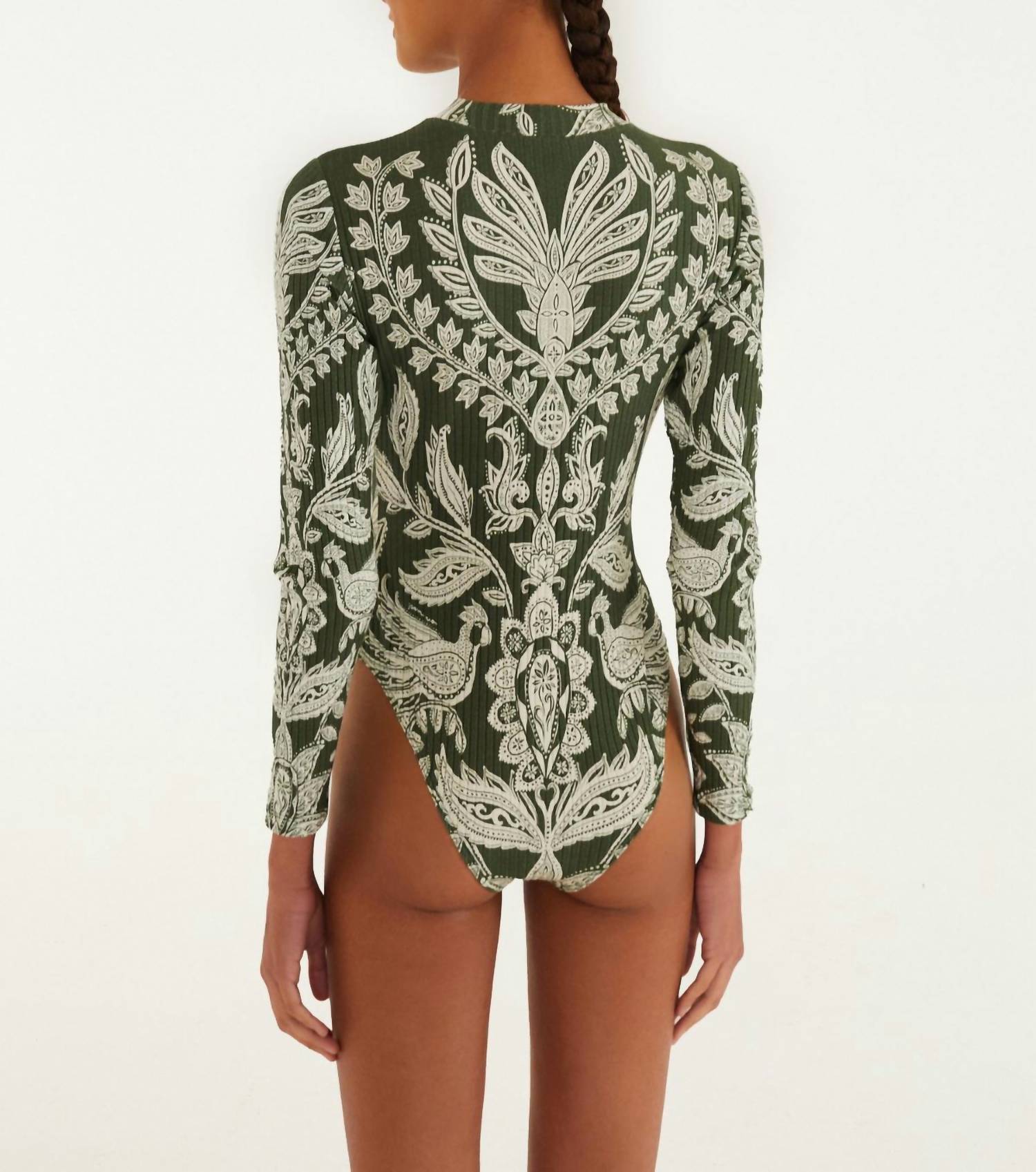 FARM RIO Miranda Long Sleeve Bodysuit in dark green - women's shirt - alternate view