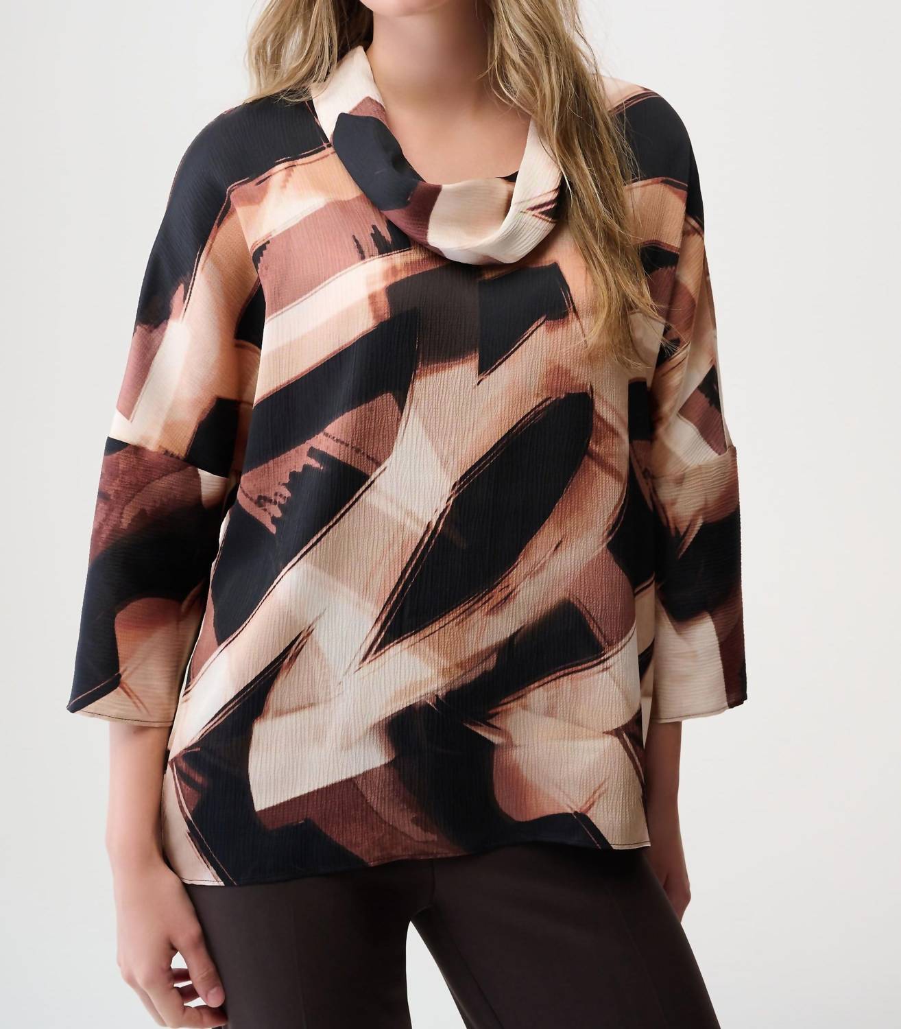Joseph Ribkoff Abstract Print Cowl Neck Tunic Top in black brown - women's shirt
