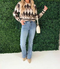 Aaron & Amber Argyle Pattern Collar Sweater Top in brown combo - women's sweater