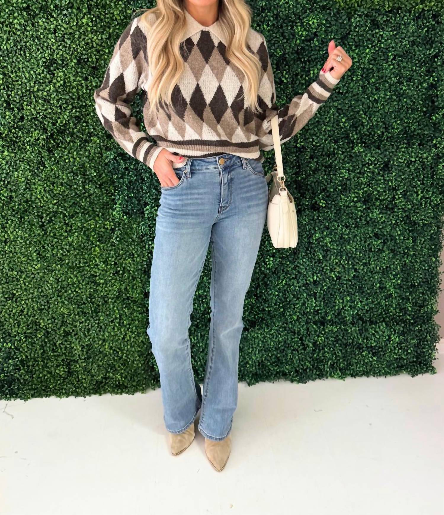 Aaron & Amber Argyle Pattern Collar Sweater Top in brown combo - women's sweater