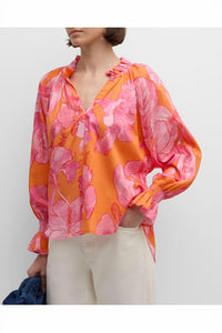 Finley Candace Floral Blouson Sleeve Top in royal hawaiian orange pink - women's blouse