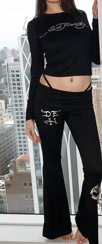 Ed Hardy Panther Snake Long Sleeve and Fold Over Yoga Pants in black - women's pants