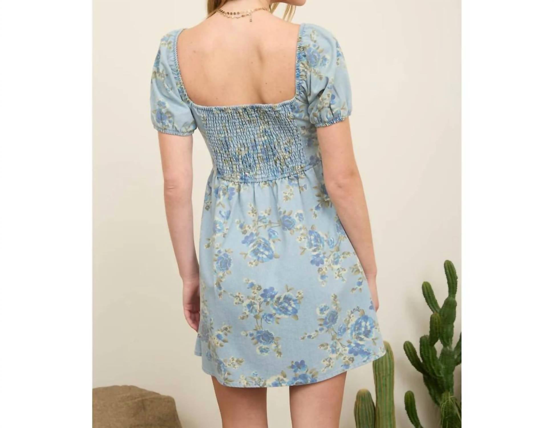 Blu Pepper - Floral Puff Sleeve Denim Dress