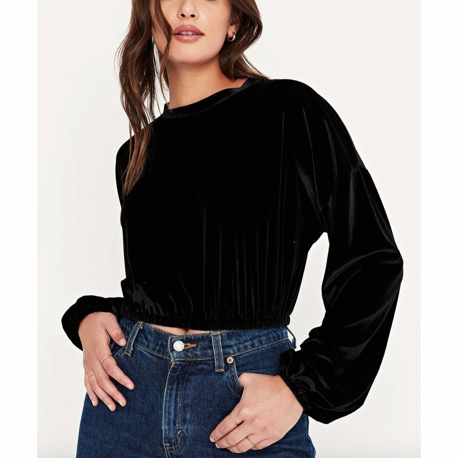 PROJECT SOCIAL T Keep Rolling Velvet Long Sleeve Top in black - women's long sleeve top
