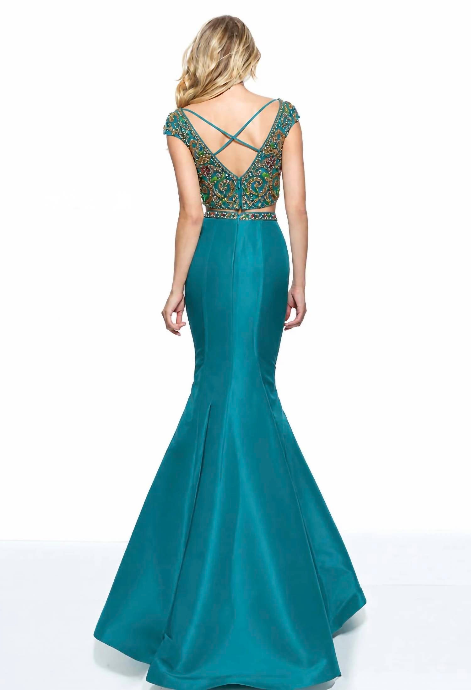 Sherri Hill Beaded Two Piece Mermaid Formal Maxi Dress in aqua - women's dress - alternate view
