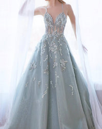 Andrea & Leo Couture Floral Embroidery Ball Gown in sage - women's dress - detail view