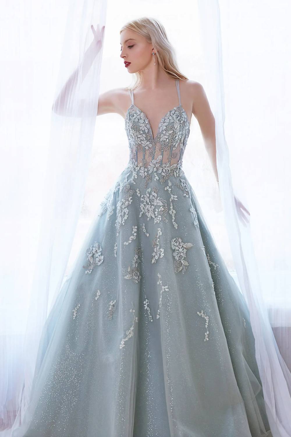 Andrea & Leo Couture Floral Embroidery Ball Gown in sage - women's dress - alternate view