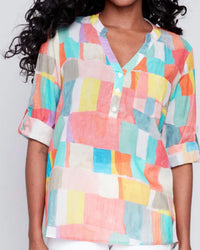 Charlie B - Digital Printed Rayon Roll Up Sleeve Blouse