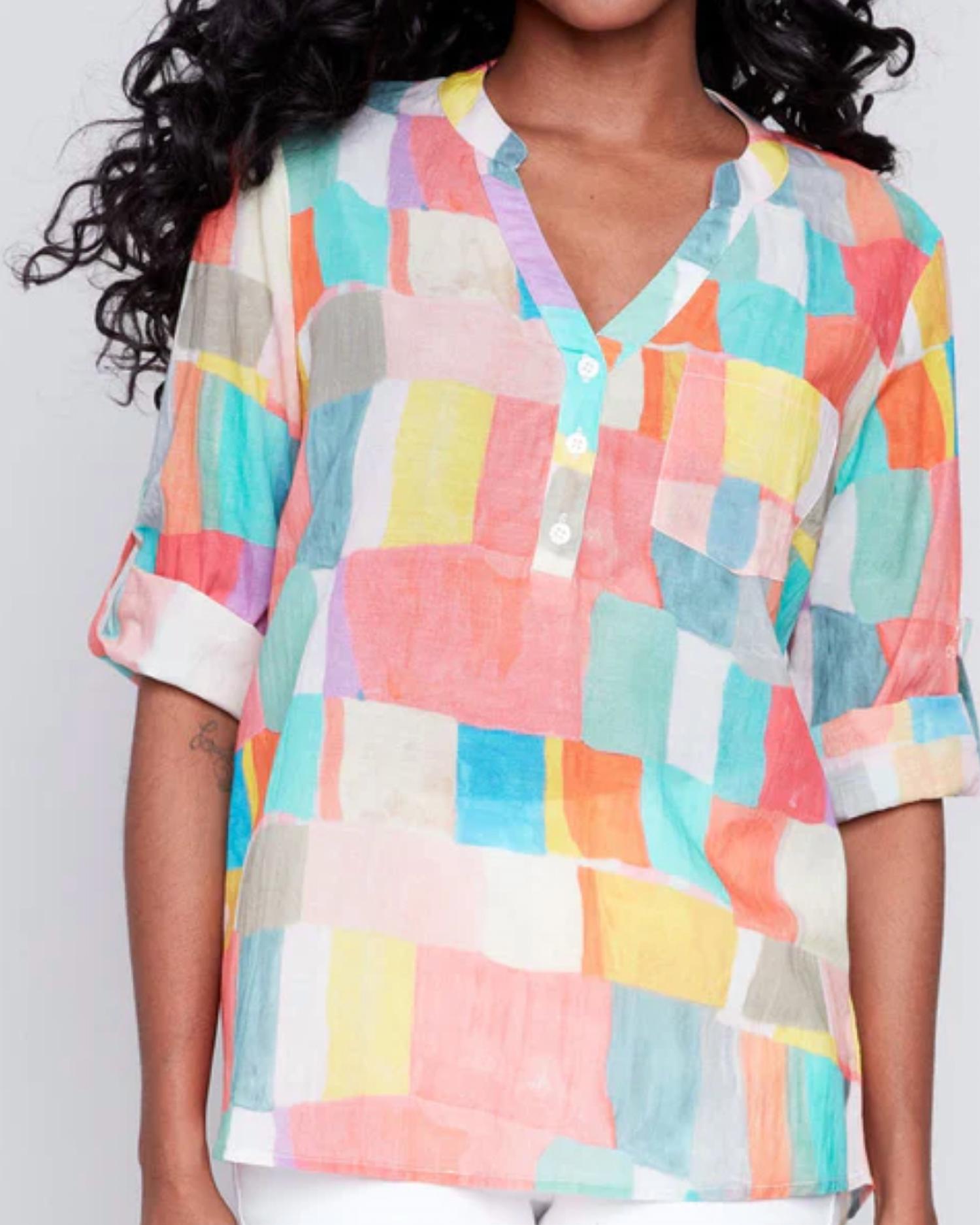 Charlie B - Digital Printed Rayon Roll Up Sleeve Blouse