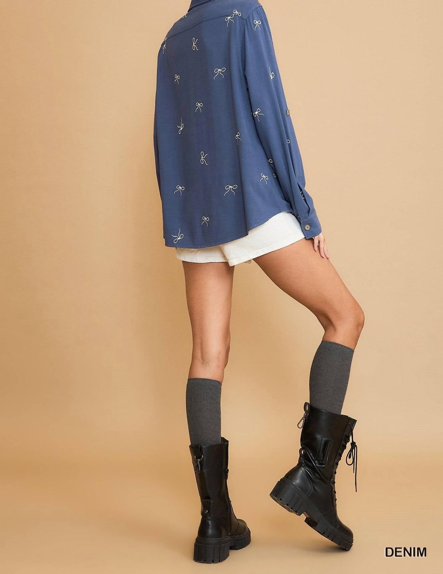 Umgee - Linen Blend Embroidered Bow Button-Down Shirt