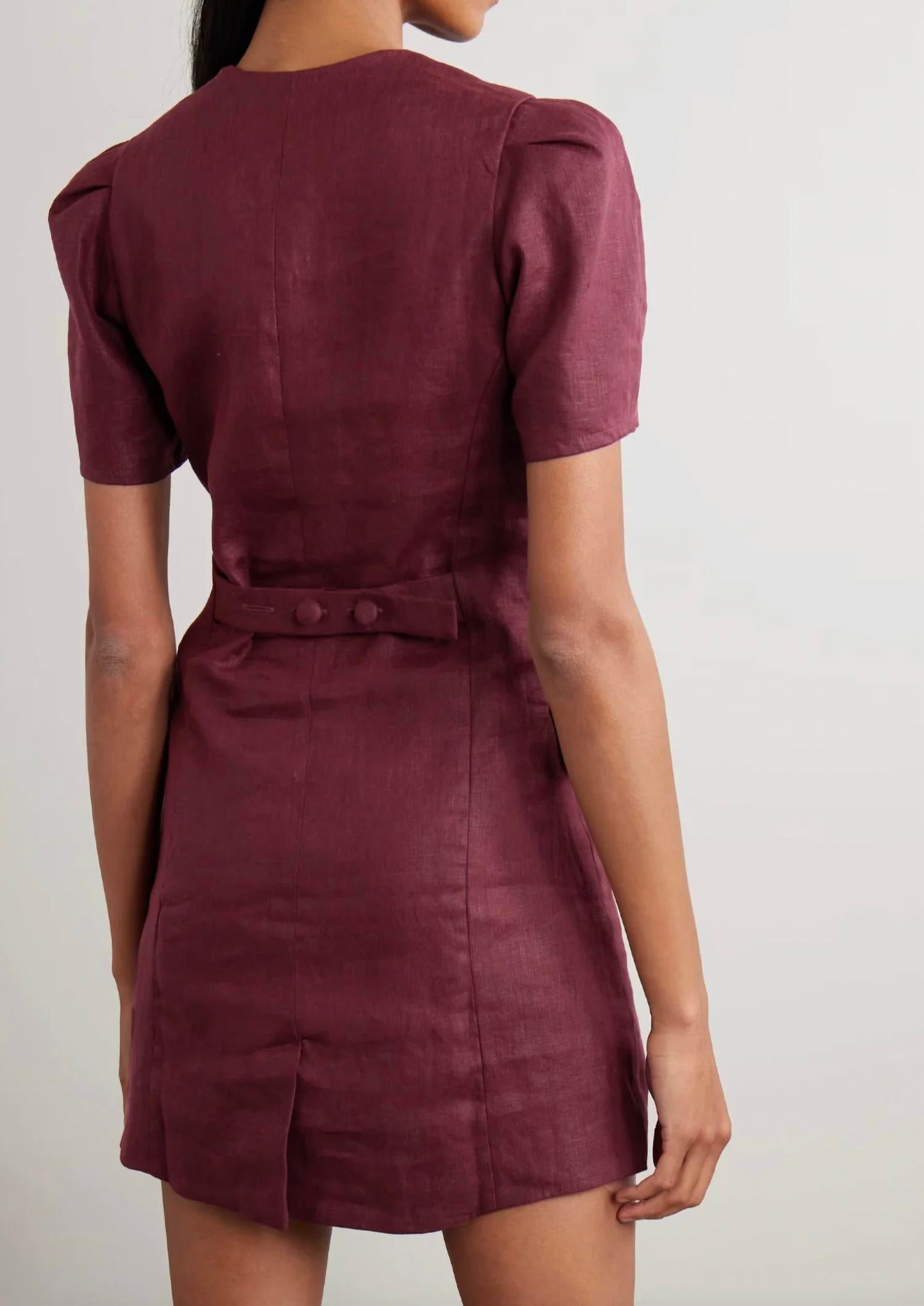 FAITHFULL THE BRAND Emma Linen Mini Dress in bordeaux - women's dress - detail view