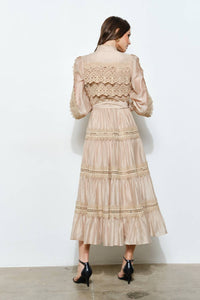 INA Fashion Angelina Crochet-style Lace Panel Satin Midi Dress in taupe - women's dress - alternate view