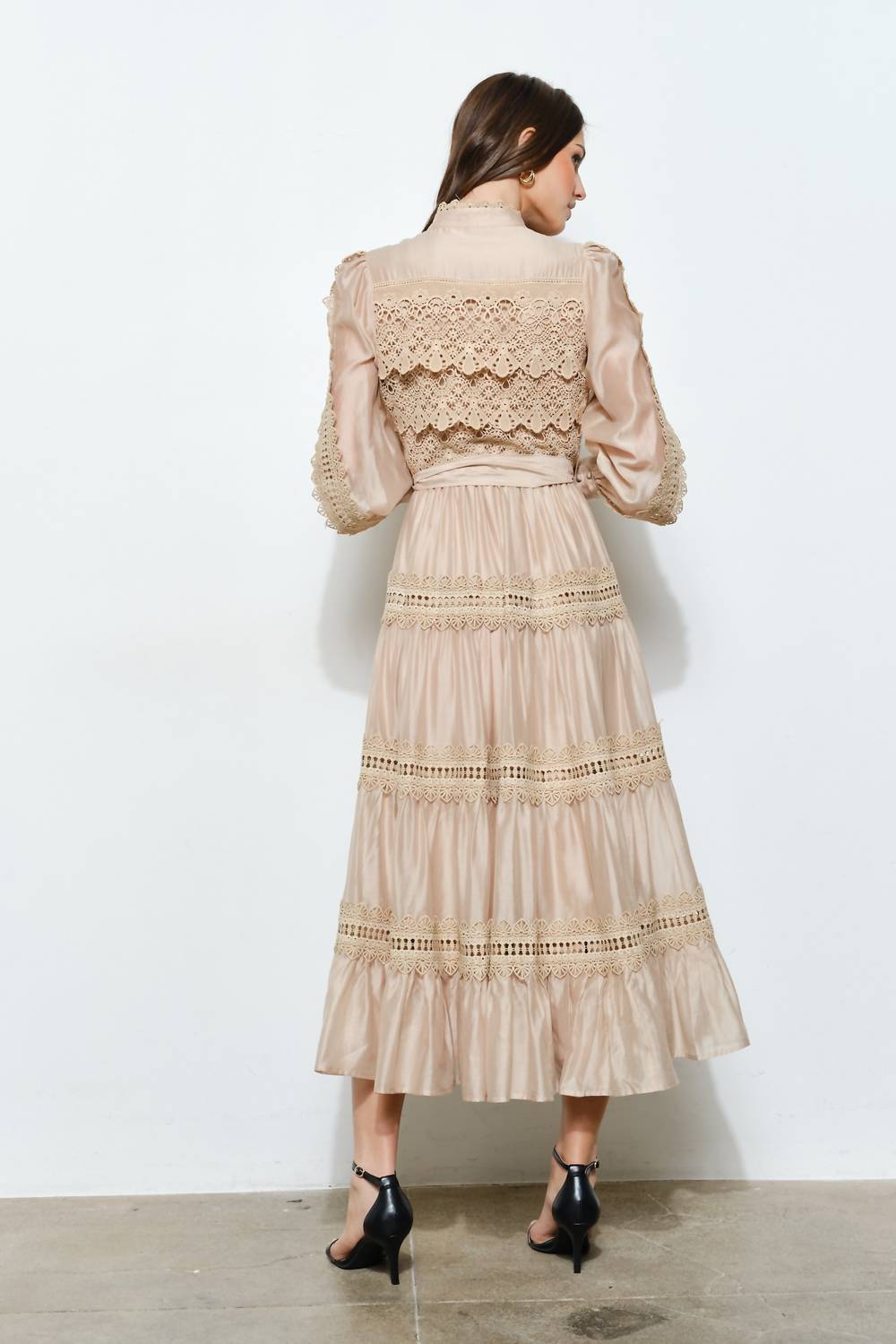 INA Fashion Angelina Crochet-style Lace Panel Satin Midi Dress in taupe - women's dress - alternate view