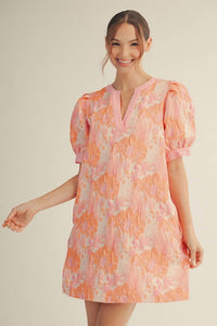 Jodifl - Short Puff Sleeves Floral Jacquard Dress
