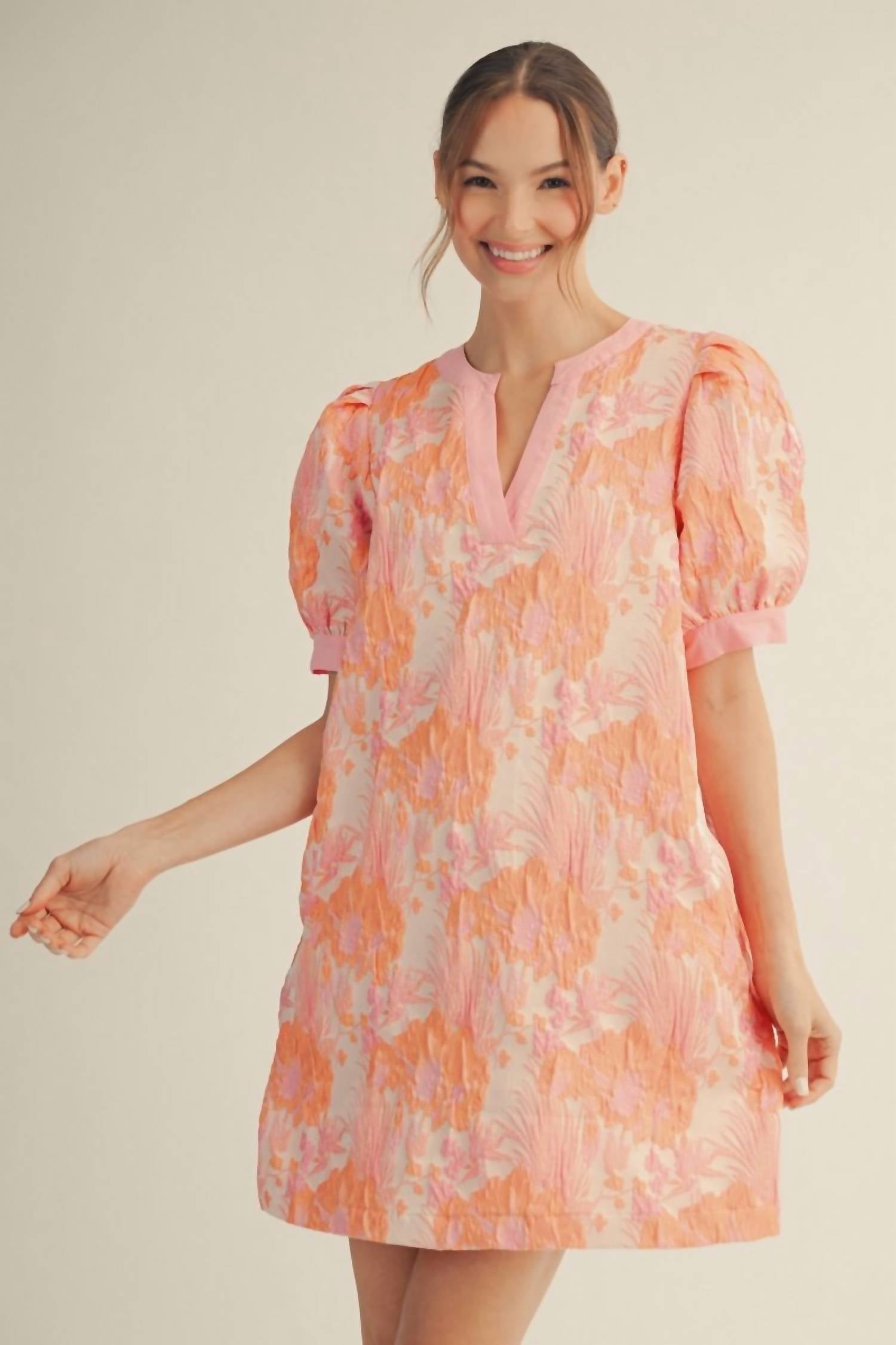 Jodifl - Short Puff Sleeves Floral Jacquard Dress