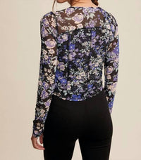 Listicle - Floral Print Mesh Fitted Long Sleeve Top