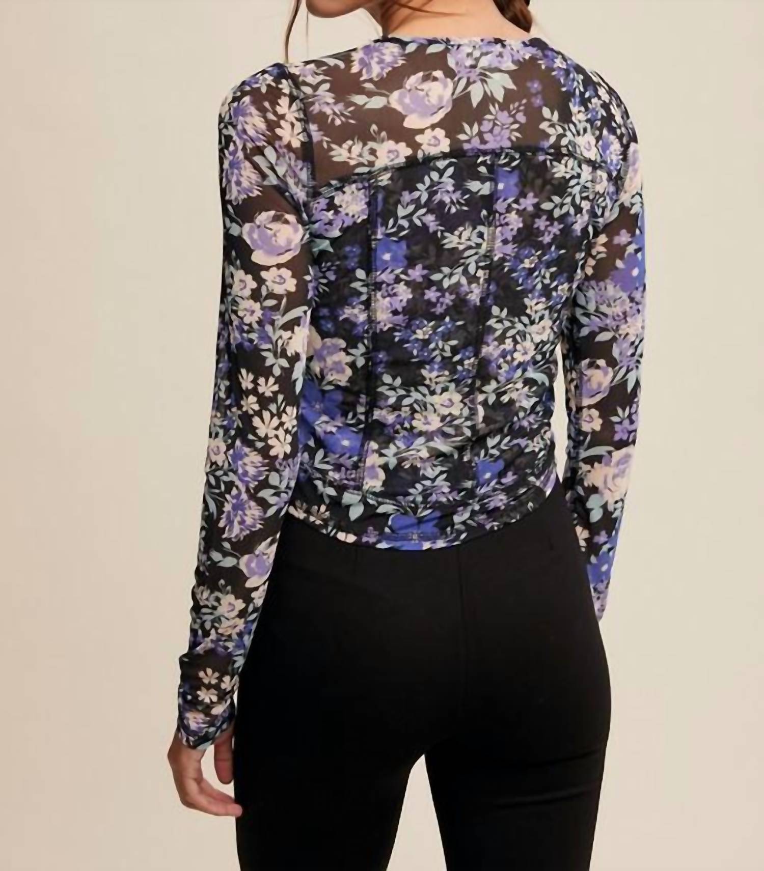 Listicle - Floral Print Mesh Fitted Long Sleeve Top