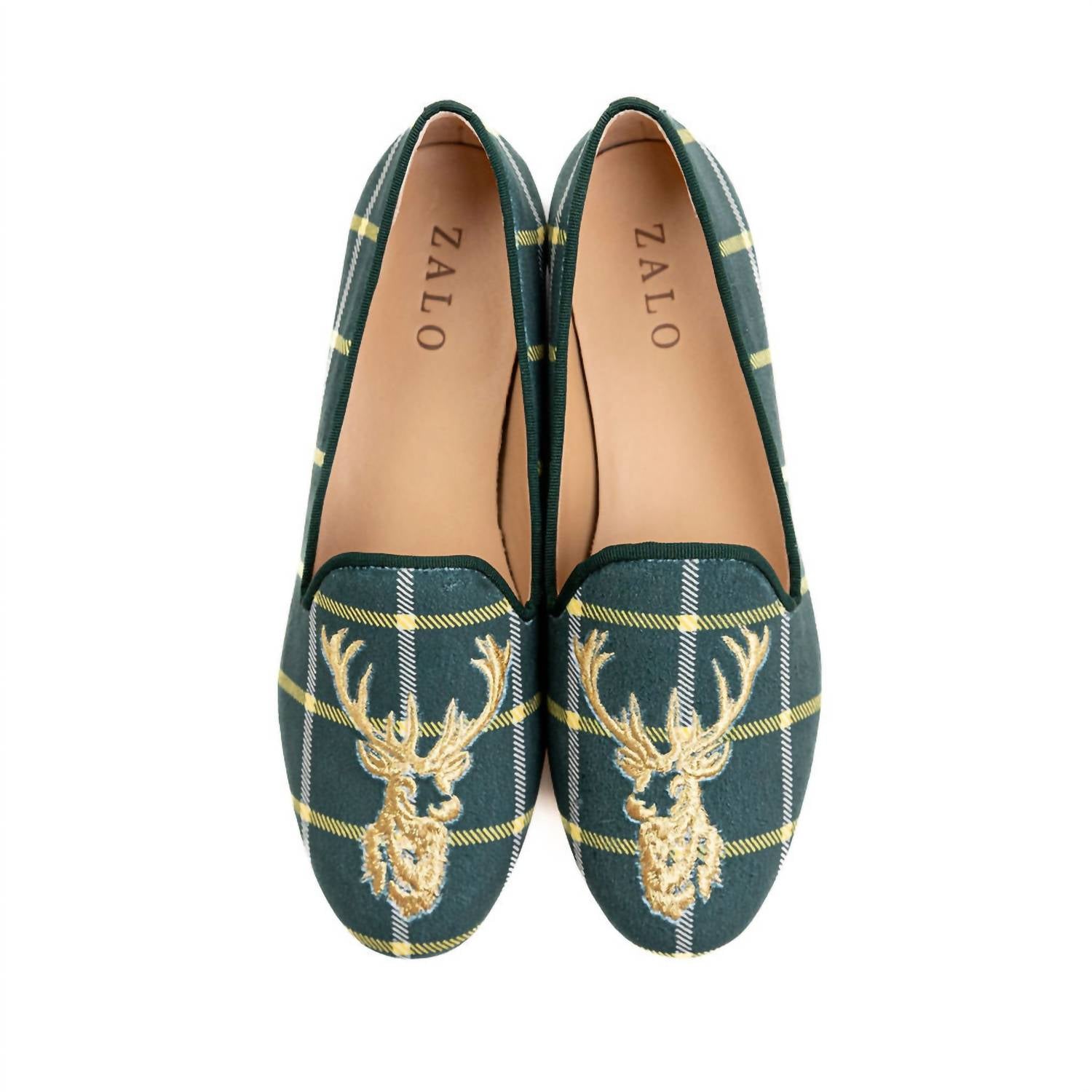 HOUSE OF ZALO Women's Stag Slipper Printed Velvet Slippers in plaid - women's shoe