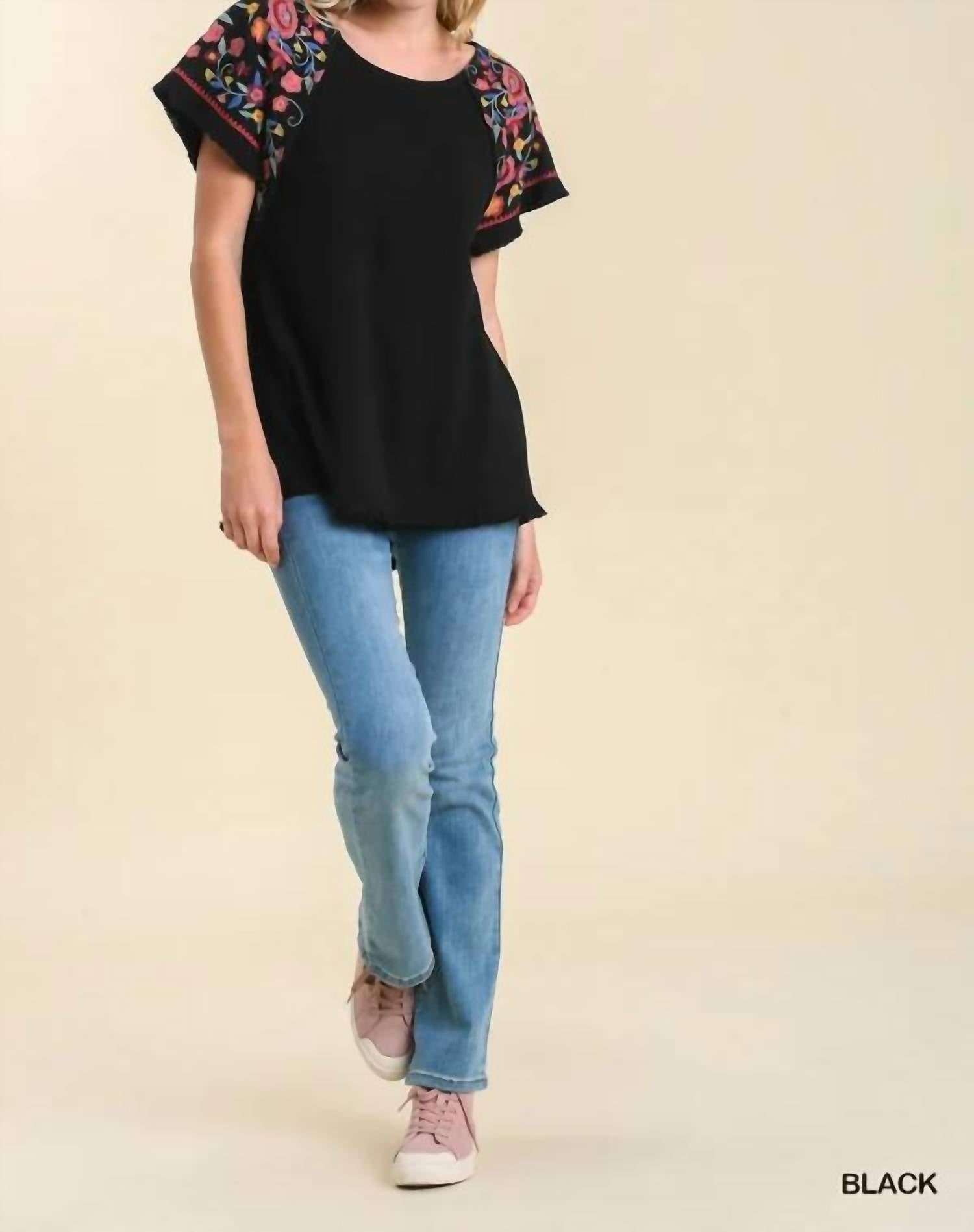 Umgee - Embroidered Sleeve Frayed Ruffle Trim Top