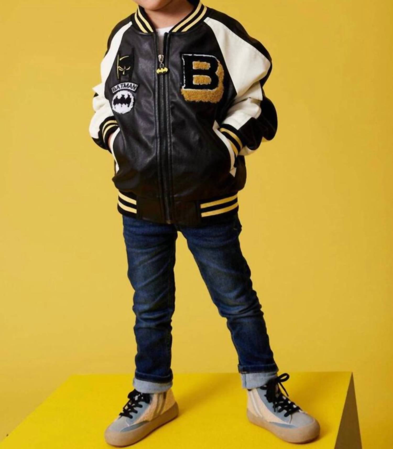 Lola + The Boys Boy's Batman-patched Leather Jacket in black - item - view 5