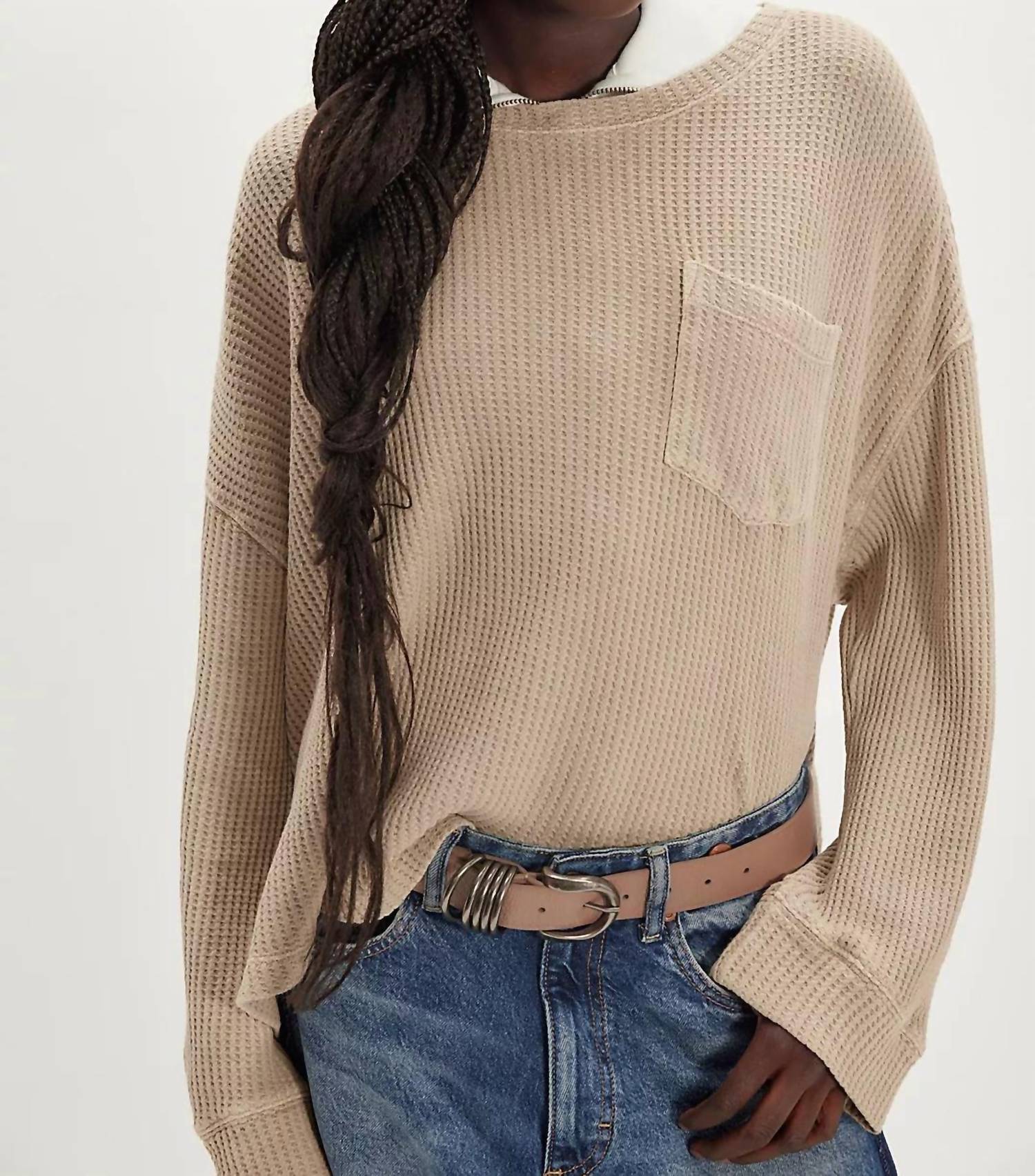 Free People Dawson Pocket Thermal Top in smoothie stone - women's long sleeve top - detail view