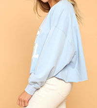 Peach Love Cowgirl Cropped Rhinestone Sweatshirt in baby blue - women's shirt - alternate view