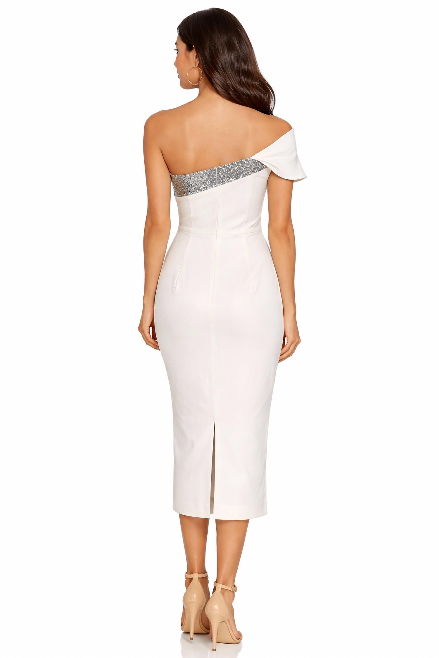 Milly - One Shoulder Sequin Accent Midi Dress