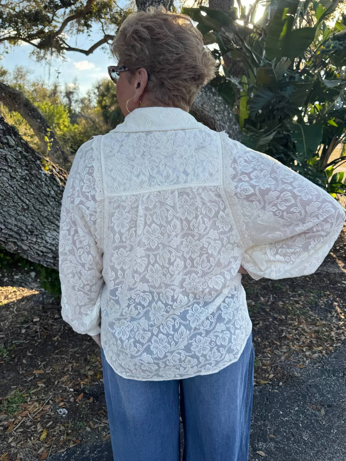 Stitch & Co. - Lace Eyelet Accent Long Sleeve Blouse