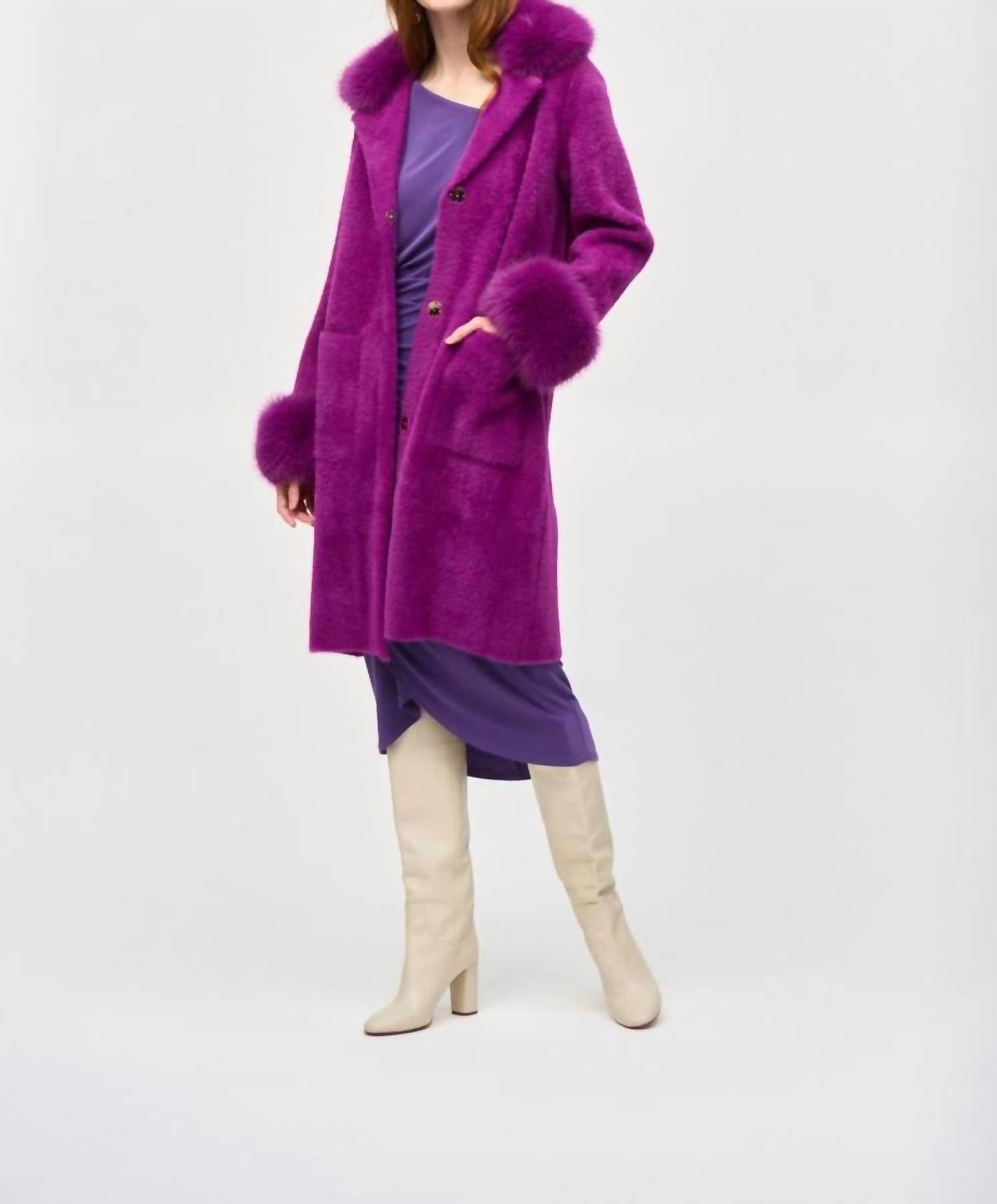 Joseph Ribkoff - Detachable Faux Fur Trim Long Sleeve Coat