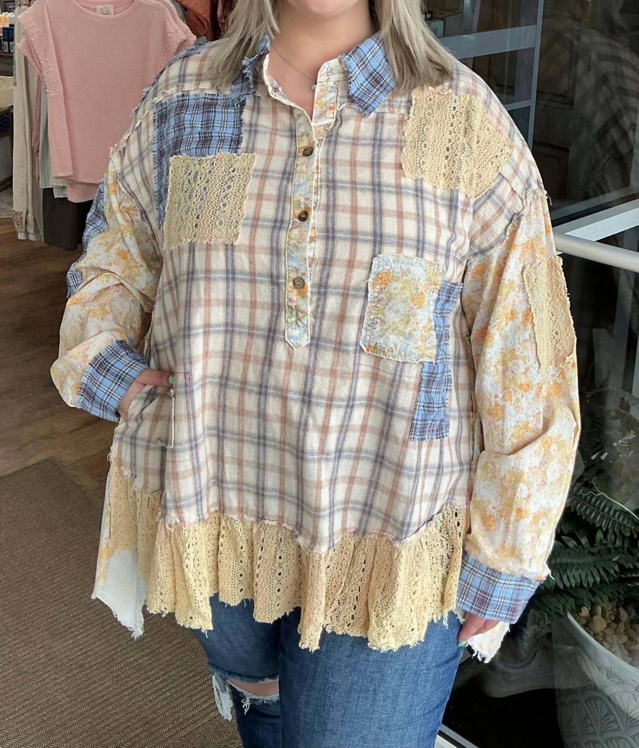 Oli & Hali - Washed Ruffle Hem Plaid Mix Top