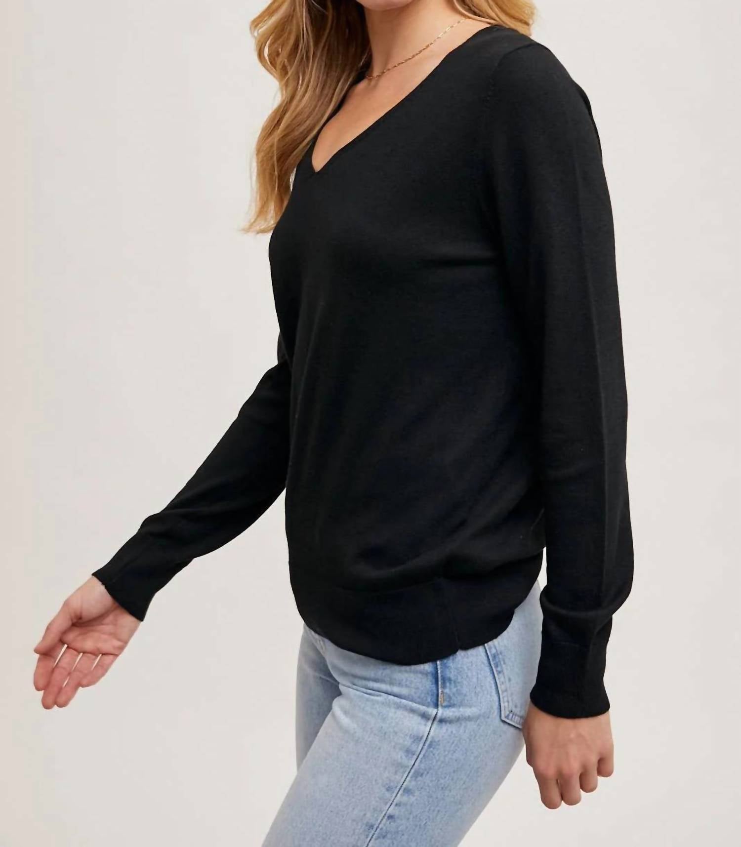 Bluivy - V-neck Knit Long Sleeve Sweater