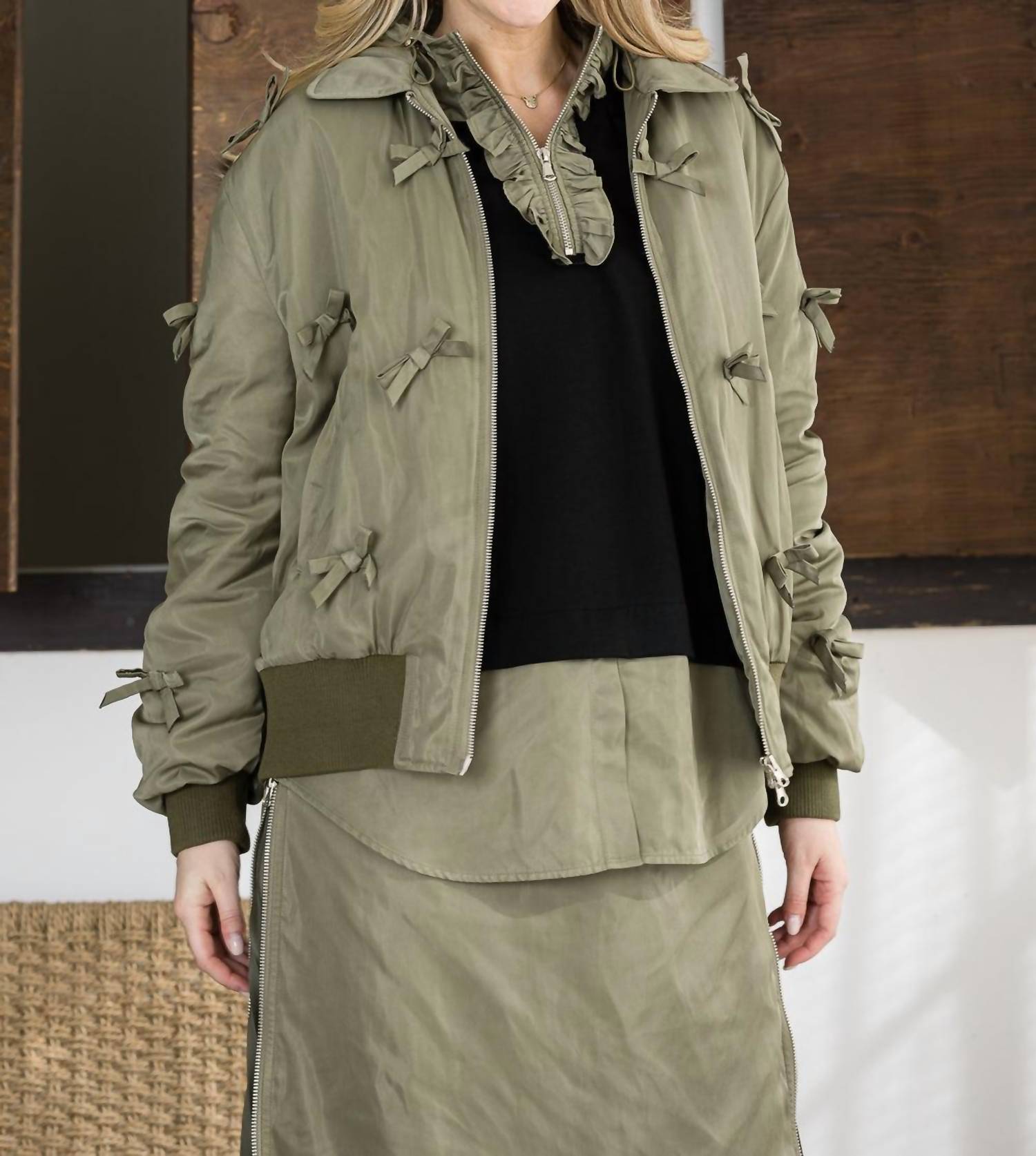 Joh JUDITH BOMBER JACKET WITH RIBBON in olive - women's jacket - detail view