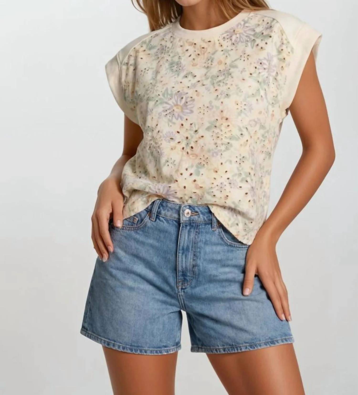 Doe And Rae - Floral Embroidery Mix Muscle Top