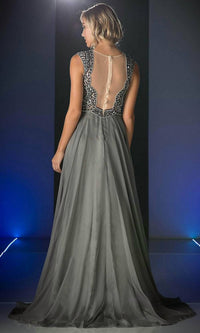 Cinderella Divine - Beaded Top Illusion Back Chiffon Gown