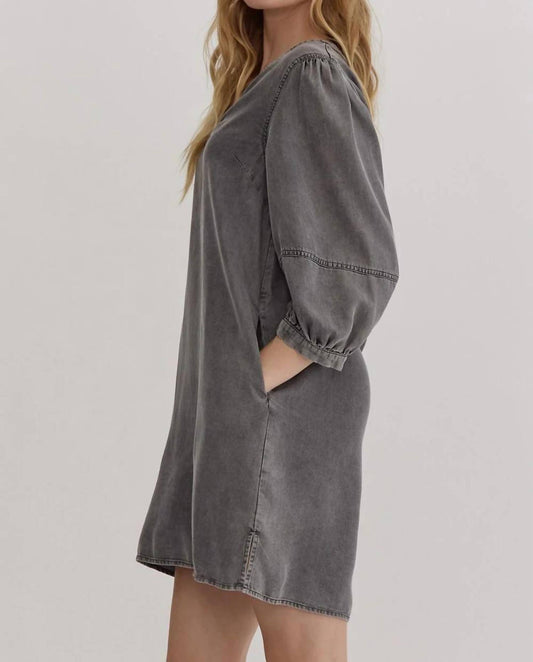 Entro - Balloon Sleeve V-neck Denim Dress