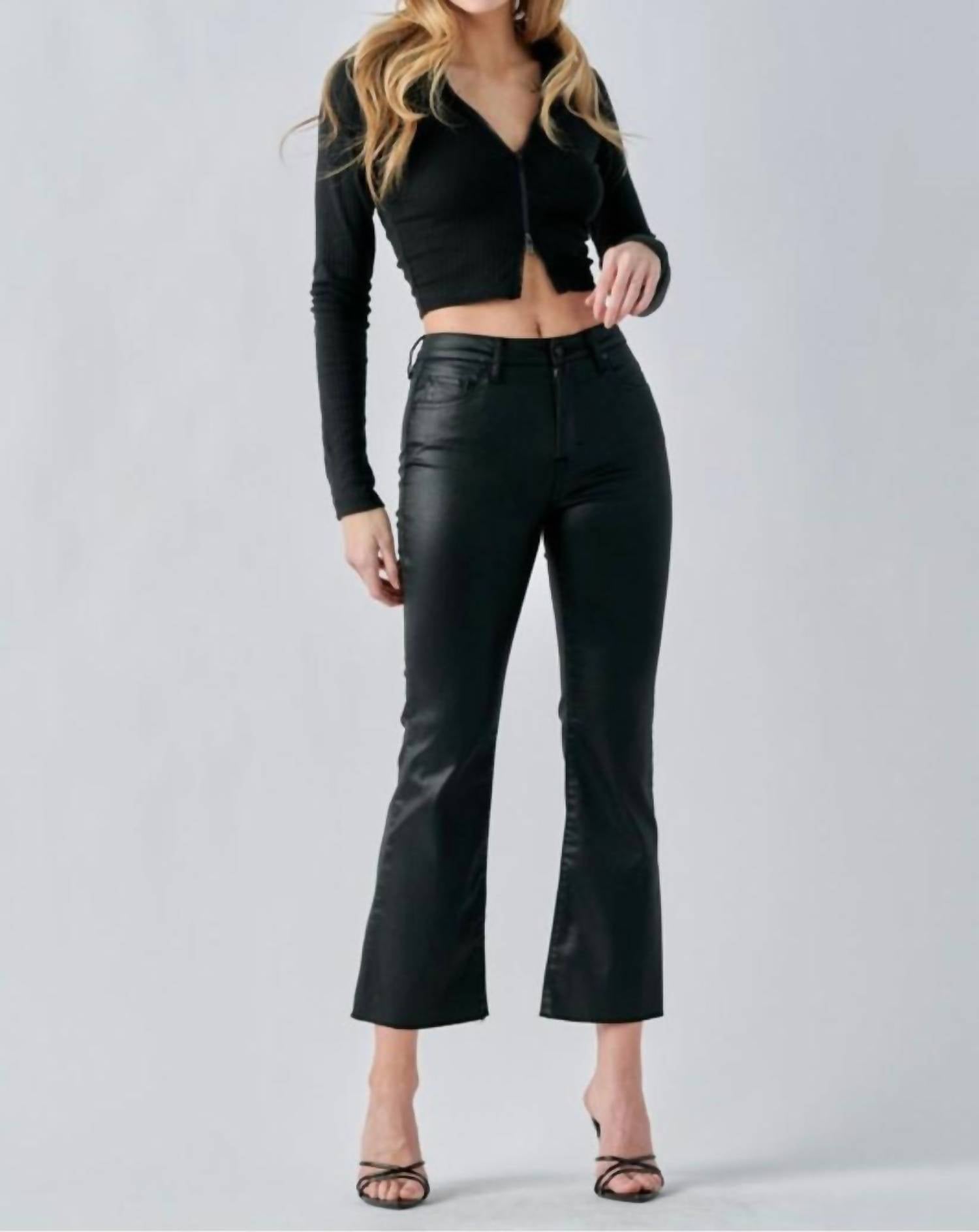 HIDDEN High Rise Coated Crop Flare Jeans in black - women's jeans