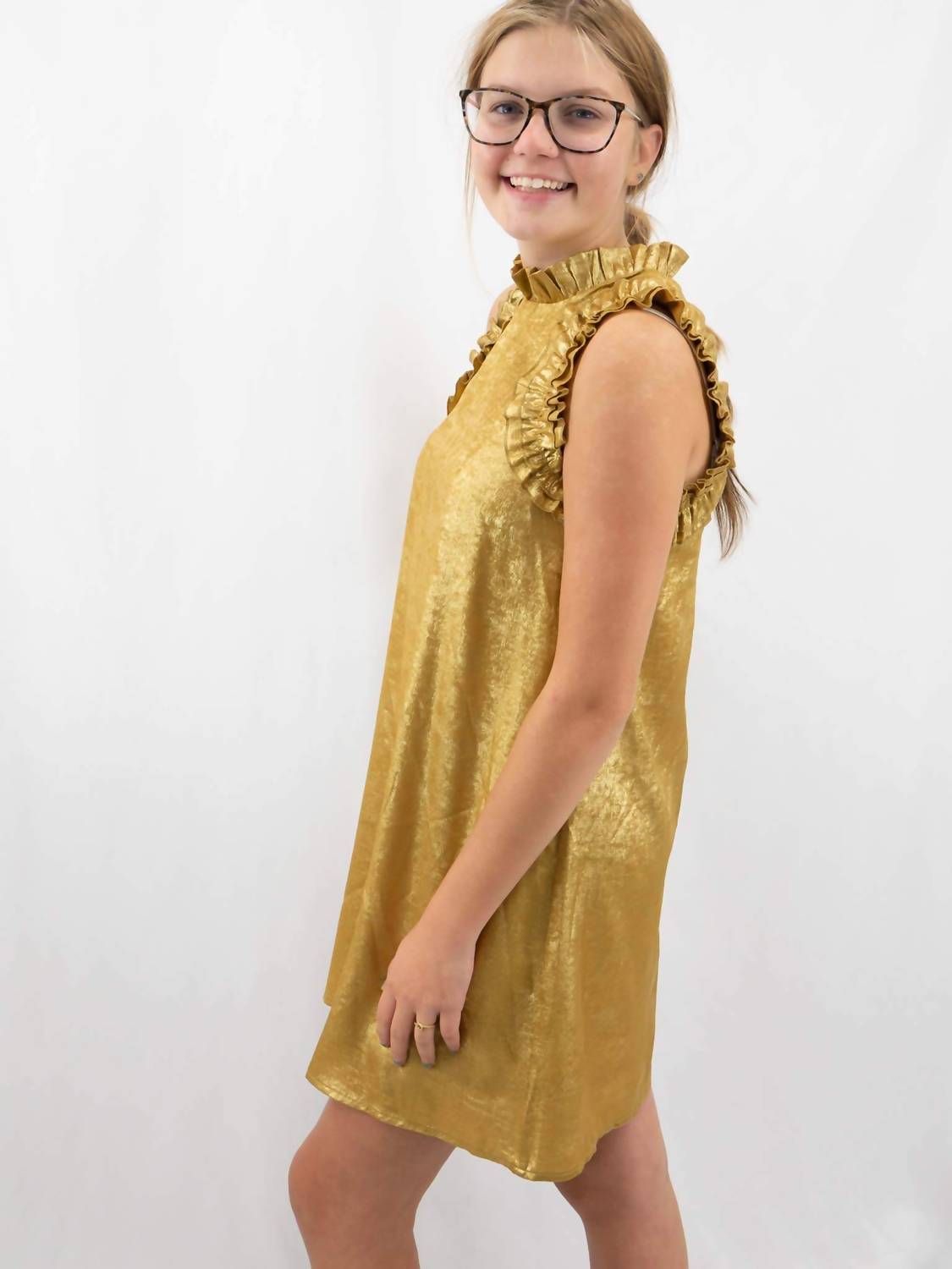 Tcec - Metallic Ruffle Neckline Mini Dress