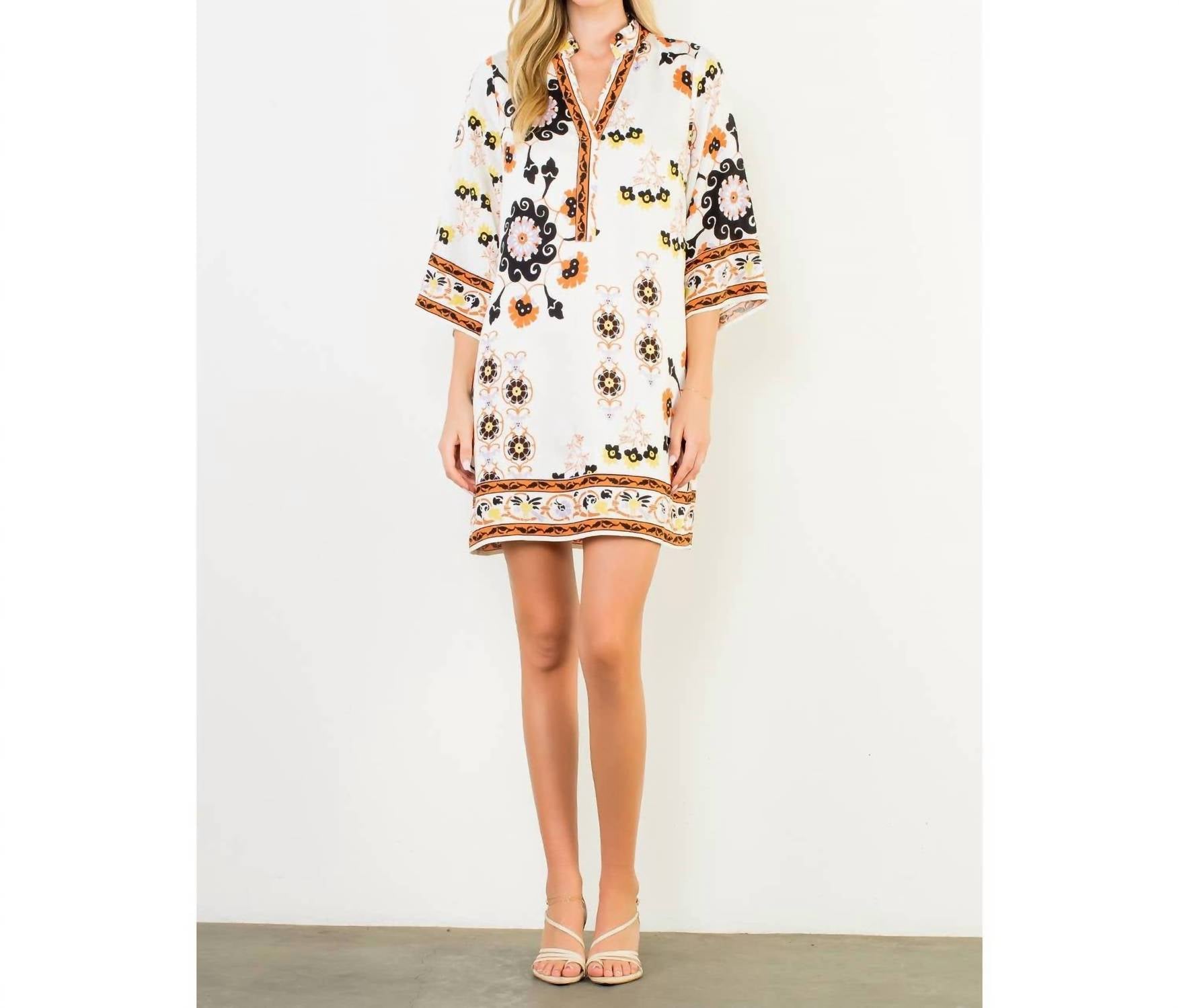 THML Floral Border Print Split Neck Tunic Dress in white - women's dress - view 4